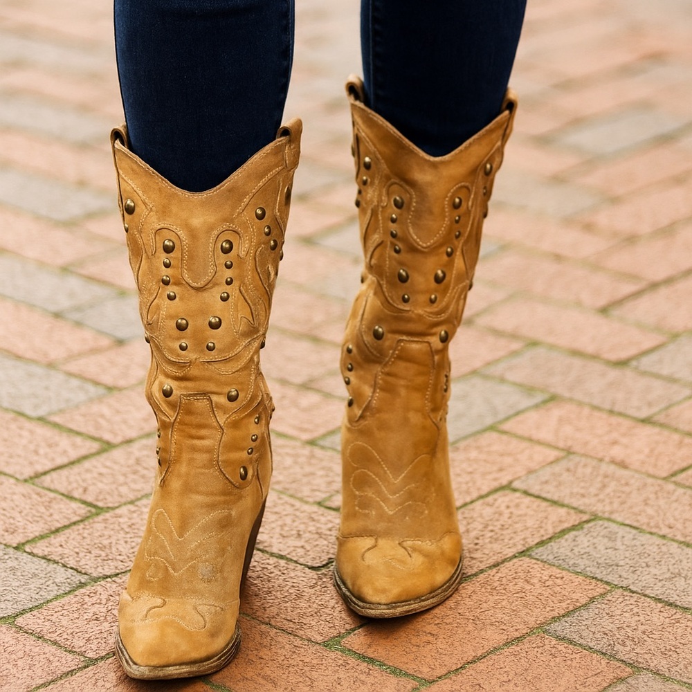 MADE IN ITALY Distressed Western Suede Embellished Boots, 37 - Picture 3 of 15